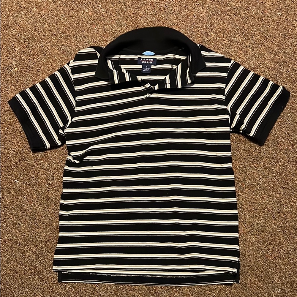 Class Club Boys Size 14 Polo Shirt Black/Tan/White Stripes